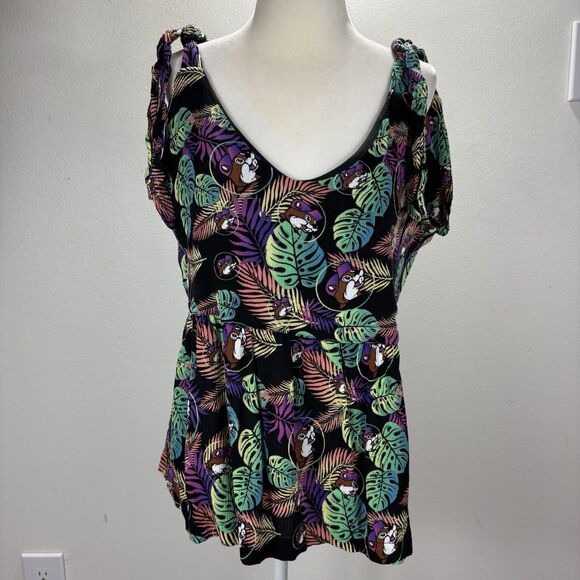 BUC-EE’S Women’s Flounce Tank Top Tie Straps Palm All Over Print Flowy Vacation - Picture 2 of 11